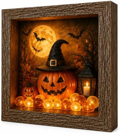 DIY Halloween Shadow Box Night Light Kit, 8.5 Inch Wooden Frame LED Craft Set with Luminous Stones & Acrylic Panels, Create Your Own Spooky Ghost & Pumpkin Scene, Fall Autumn Tabletop Home Decor by Unknown