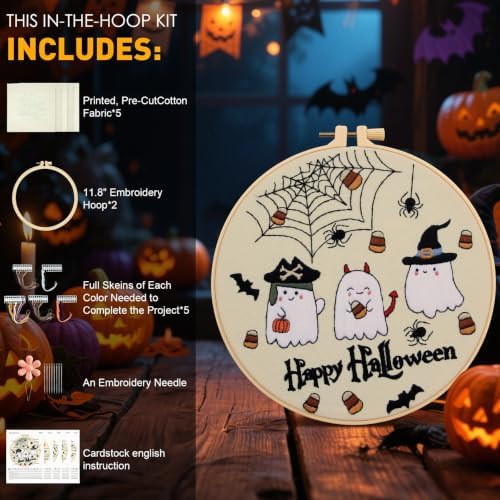 ElasignShopo 5 Sets Halloween Embroidery Kit for Adult Beginners Pumpkin Bat Embroidery Starter Kit Halloween Cross Stitch Kits Needlepoint Kits Includes Instruction 2 Hoops Color Threads Needles - Image 5