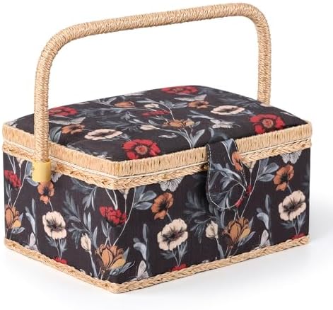 NOTIONSLAND Sewing Basket with Sewing Supplies, Medium Sewing Box for Accessories Storage, Black Red Flower by NOTIONSLAND