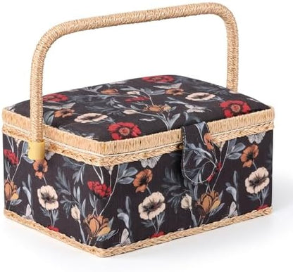 NOTIONSLAND Sewing Basket with Sewing Supplies, Medium Sewing Box for Accessories Storage, Black Red Flower by NOTIONSLAND