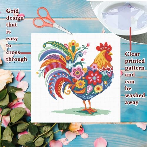 FREEBLOSS 11CT Stamped Cross Stitch Kit for Adults Beginners with Instructions Chicken and Flower Pattern Cross Stitch Kit Embroidery Wall Art Decoration No Frame 17x17in/45x45cm - Image 3