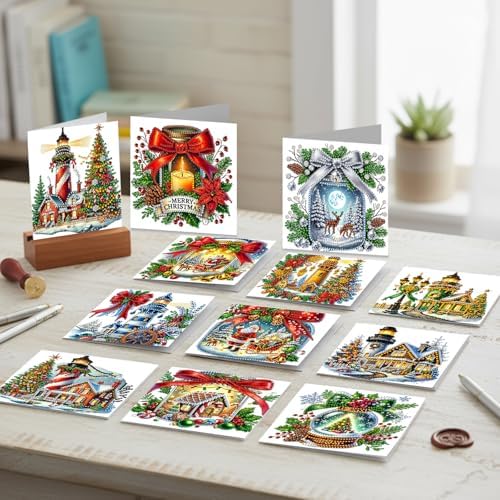 12Pcs Xmas Lighthouse DIY Diamond Art Painting Greeting Card Kit with Envelopes Diamond Art Painting Greeting Cards Handmade Craft Gem dots for Christmas Xmas Holiday Gifts - Image 5