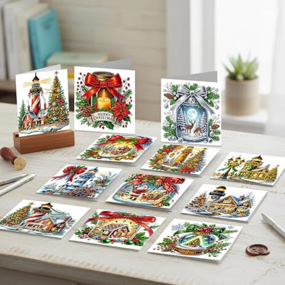12Pcs Xmas Lighthouse DIY Diamond Art Painting Greeting Card Kit with Envelopes Diamond Art Painting Greeting Cards Handmade Craft Gem dots for Christmas Xmas Holiday Gifts - Image 5
