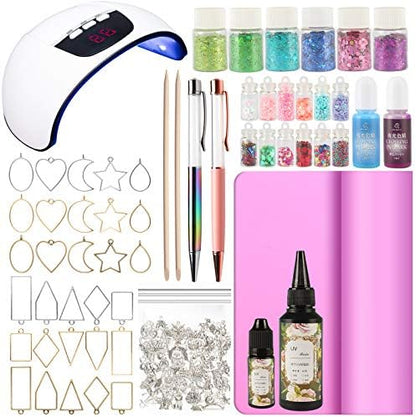 FUNSHOWCASE UV Resin Jewelry Making Supplies 158-kit 54W LED UV Lamp, Clear Ultraviolet Resin Hard Type, Fluorescent Dye, Liquid Ballpoint Pen, Holographic Chunky Glitter, Charms, Open Bezel by FUNSHOWCASE