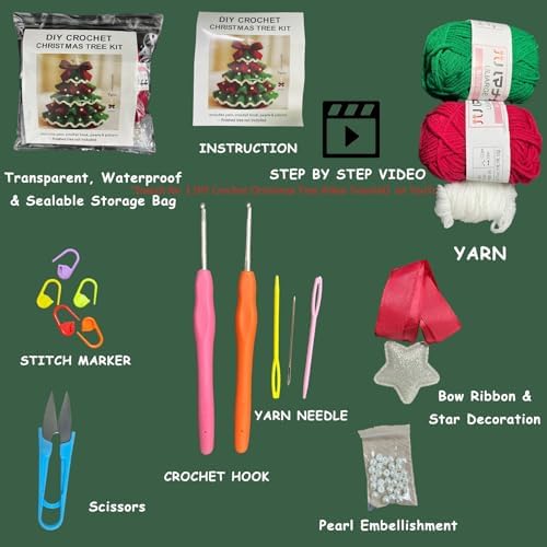 PMDYBY DIY Crochet Christmas Tree Kit,2026 News Crochet Christmas Ornaments,Beginner Christmas Kit,Tree Bow Pearl Embellishment,ChristmasCraftKit with Yarn Hook Beads Instructions(Red & Green) - Image 2