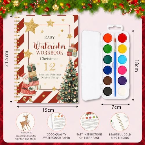 Christmas Gift, Christmas Watercolor Workbook, 12 Different Xmas Patterns Original DIY Designs, Water Coloring Book Set with Palette and Brush, Xmas Watercolor Book Gift for Beginners Girls Boys - Image 2