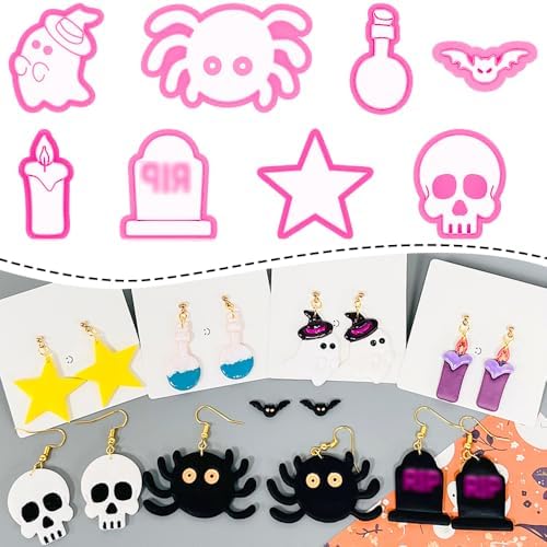 Xaekicr Halloween Polymer Clay Cutters Set – 8Pcs Clay Earring Cutters for Polymer Clay Jewelry, Ghost Bat Skull Pumpkin Shapes Clay Tools and Molds for DIY Crafts by Xaekicr