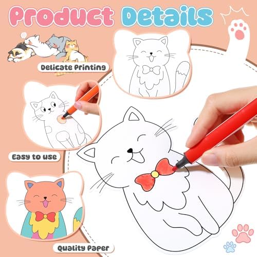 48 Pcs Cat Coloring Craft Color Your Own Paper Cat Paper Crafts Cute Kitten Drawing DIY Arts Summer Birthday Holiday Mother Teacher's Day Gift for Adult Painting Activities Favors Decors - Image 4