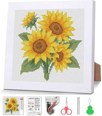 Sunflower Stamped Cross Stitch Kits for Adult Beginner with Wooden Frame by VIGEGU