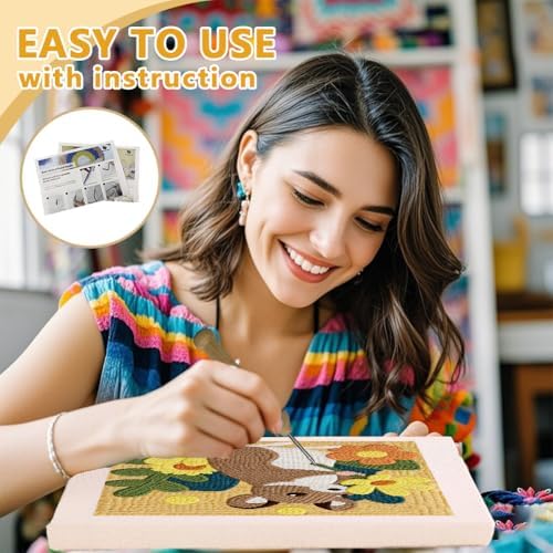 Doodlream Mouse with Flower Needle Kit for Beginner, 9.4"x 9.4" Cute Forest Animal Punch Stitching Craft Set, Color DIY Embroidery Starter with Printed Frame, Instruction, Threader, Yarn, Pinch Needle - Image 3