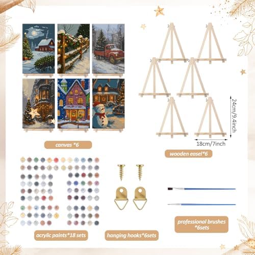 YooNotee 6 Pcs Winter Wonderland Paint by Numbers Kit for Adults 12x8 Inch Christmas Themed Canvas with Easel, DIY Oil Painting for Beginners, Home Wall Decor - Image 2