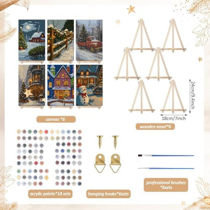 YooNotee 6 Pcs Winter Wonderland Paint by Numbers Kit for Adults 12x8 Inch Christmas Themed Canvas with Easel, DIY Oil Painting for Beginners, Home Wall Decor - Image 2