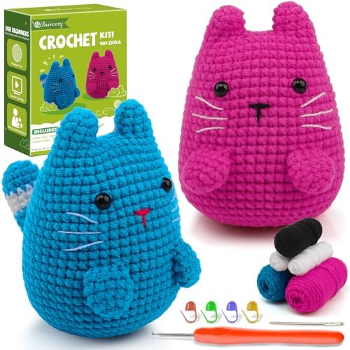 Faircosy Crochet Kit for Beginners Crocheting: Crochet Animal Kits for Kids & Adults - Learn to Knitting Cat Amigurumi Starter Kit with Detailed Tutorial Video and Instructions (40%+ Yarn Extra) by Faircosy