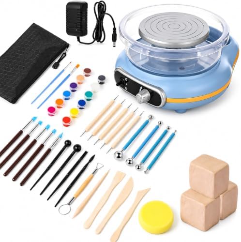 Mini Pottery Wheel Kit Electric Turntable Clay Machine with Handle, Adjustable Speed and Forward Reverse Rotation, 24 Shaping Tools 12 Color Paint Set 3 Clay Blocks for DIY Craft Projects by OMISTAR