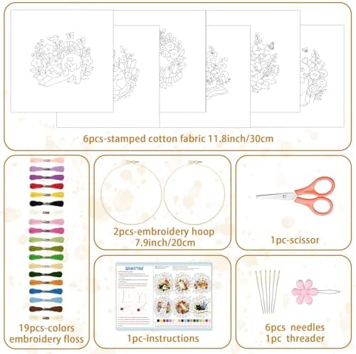 BEUNITONE 6 Set Cat and Flowers Embroidery Kit for Adults Beginners, Pre-Stamped Pattern Needlepoint Kits with Hoop, Tools, Instruction, Hand Embroidery Kits for Gifts, Fabric and Home Decor 7.9x7.9 - Image 2