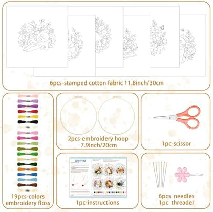 BEUNITONE 6 Set Cat and Flowers Embroidery Kit for Adults Beginners, Pre-Stamped Pattern Needlepoint Kits with Hoop, Tools, Instruction, Hand Embroidery Kits for Gifts, Fabric and Home Decor 7.9x7.9 - Image 2