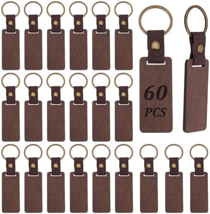 60 PCS Leather Wood Keychain Blanks Unfinished Wooden Keychains Rectangular Shape Black Walnut Wood Keychains Blanks for Engraving DIY Crafts Personalized Gifts by ACRNIGHEET