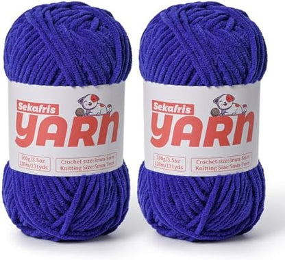 2 Pack Plush Chunky Chenille Yarn for Crocheting, Soft Fluffy Velvet Yarn for Crocheting Amigurumi, Fuzzy Baby Blanket Knitting 200g/262yds Bulky(2 Sapphire Blue) by Sekafris