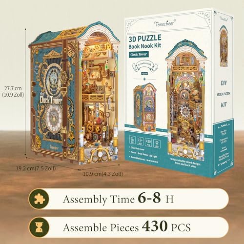 Tonecheer DIY Book Nook Kit for Adults, 3D Wooden Puzzle Bookend Miniature House Kit, Booknook Bookshelf Insert Decor with Dust Cover and LED Lights Gifts (Clock Tower) - Image 3