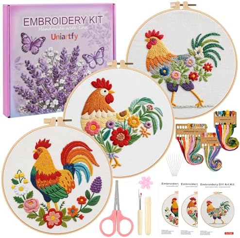 Uniartfy 3 Pack Funny Rooster and Flower Embroidery Kits for Beginners, Animal Cross Stitch Kit for Adults, DIY Needlepoint with Stamped Pattern, Embroidery Hoop, Tools, Colorful Threads, Instructions by Uniartfy