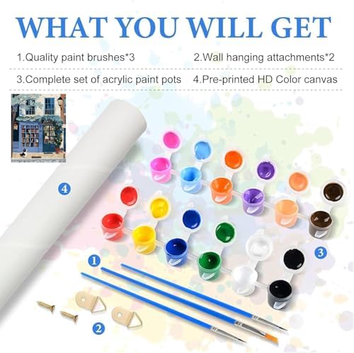 KYOQFVN Book Store Paint by Numbers Kit for Adults - Street Paint by Number Kits on Canvas, DIY Acrylic Painting Kit for Home Wall Decor 16x20 Inch - Image 2
