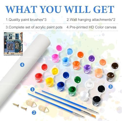 KYOQFVN Book Store Paint by Numbers Kit for Adults - Street Paint by Number Kits on Canvas, DIY Acrylic Painting Kit for Home Wall Decor 16x20 Inch - Image 2