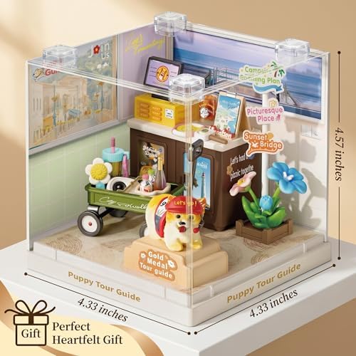 Puppy Tour Guide Miniature House Kit, Durable Plastic DIY Dollhouse with Dog Figure & Travel Scene, Stackable Transparent Dust Cover, Creative Desktop Decor for Adults Teens - Image 6