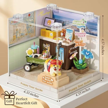 Puppy Tour Guide Miniature House Kit, Durable Plastic DIY Dollhouse with Dog Figure & Travel Scene, Stackable Transparent Dust Cover, Creative Desktop Decor for Adults Teens - Image 6