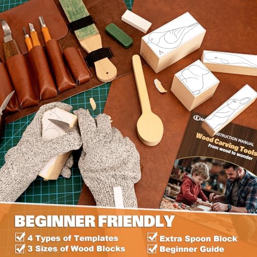 Wood Carving Kit, 32Pcs Wood Carving Tools with Storage Bag, Wood Whittling Knife Kit with 4pcs Templates & 11pcs Wood Carving Knives for Wood DIY Beginners - Image 3