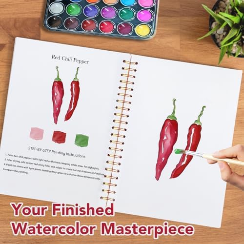 Easy Watercolor Workbook for Beginners - 12 Beautiful Step-by-Step Paintings Water Coloring Book, Includes 18 Colors Paints, Relaxing Art Projects and Creative Gift for Adults & Teen (Vegetables) - Image 6