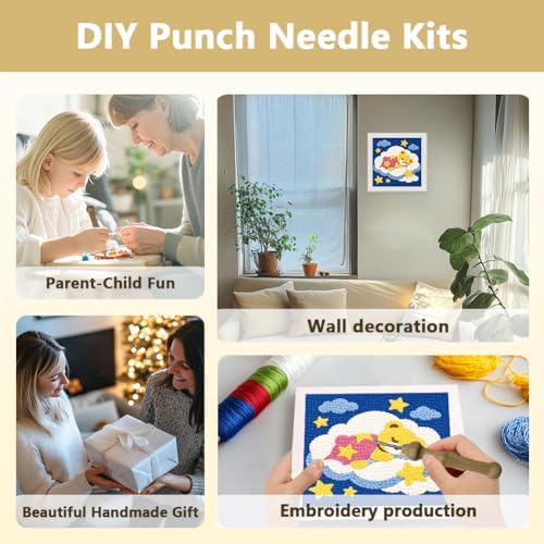 Doodlream Bear Cloud Needle Kit for Beginner, 9.4"x 9.4" Cartoon Animal Punch Stitching Craft Set, Color DIY Embroidery Starter with Printed Frame, Instruction, Threader, Yarn, Pinch Needle - Image 4