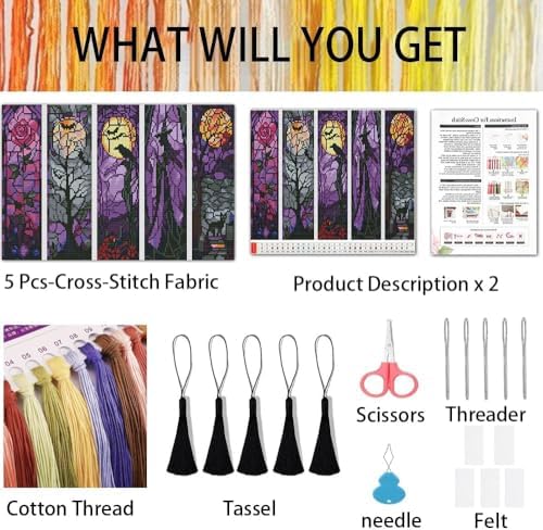 NEGEKFKX 5 Pcs Halloween Cross Stitch Bookmark Kit for Adult Beginners - Image 2
