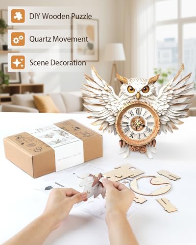 3D Wooden Puzzles for Adults Snowy Owl Design Clock Model Kit with Pendulum - Image 5