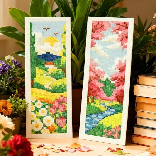 INFUNLY 6 Set Spring Scenery DIY Cross Stitch Bookmark Kits for Adults Wildflowers Counted Cross Stitch Kit with Instructions Landscape Stamped Embroidery Bookmark Kit for Book Lovers Readers Gift - Image 6