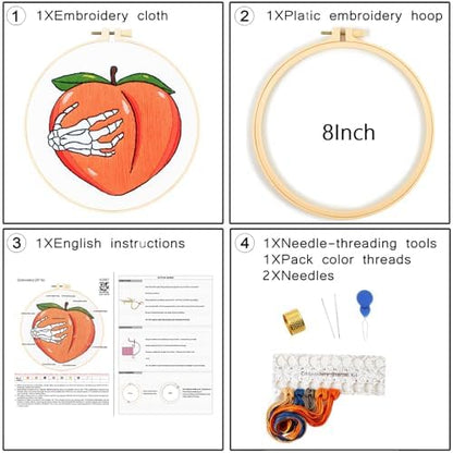 Hand Bone Embroidery Kits for Beginners Adults, Peach Embroidery Starters Kits, Halloween Stamped Cross Stitch Kits DIY Needlepoint Kits for Beginners Adult, Embroidery Hoop, Thread and Video Tutorial - Image 6