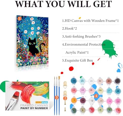Framed Paint by Numbers Kit for Adults Beginner 8x12 IN, Flowers Cat - Image 5