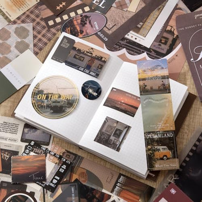 Travel Scrapbook Photo Album Supplies Kit with Tweezers and Glue Tape, Aesthetic Vintage Junk Journal Scrapbooking Paper, Sticker Pack, Notebook Craft Supplies, DIY Gift for Adult Men Women (Traveler) - Image 2