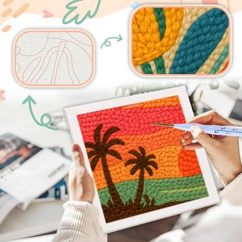 SDOYUNO Punch Needle Kit with Frame for Adults Beginners Kits 9.84 x 9.84 Inch Embroidery Starter Kits Punch Needle Kit with Sunset Beach Pattern, Threader, Yarns, Rug Punch, DIY Craft Kits (Green) - Image 4