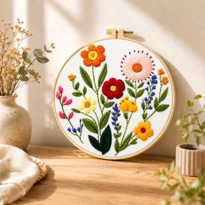 Zhenqing Wildflower Embroidery Kit for Beginners, Floral Needlework Kit with Pre-Printed Cotton Fabric, Hoop, Threads & Tools, Flower Wall Decor (C0125) - Image 2