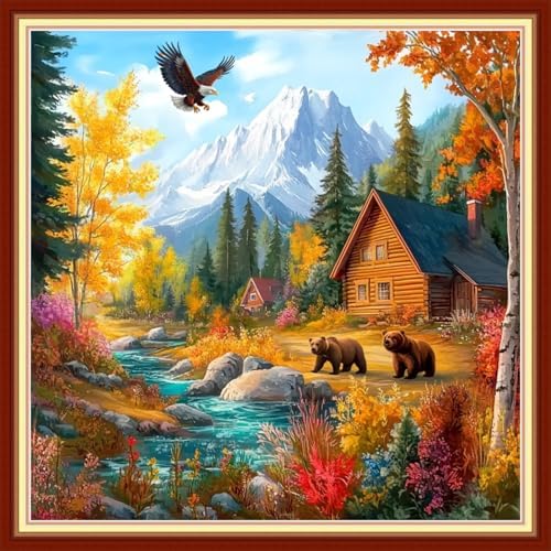 Joyhoor Cross Stitch Kits for Beginners Stamped Cross-Stitch Supplies Needlework preprint Embroidery Kits for Adults DIY Needlepoint Kits Embroidery Patterns 11CT-Brown Bear Landscape 18x18 inchs by JoyhoorCrossStitchKits