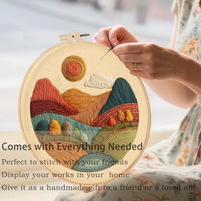 FONNUY Embroidery Kit for Beginners, Textured Vibrant Nature Landscape Pre-Stamped Pattern Kits for Adults with Hoop, Easy to Follow Color Thread Needlework, 8'' Hoop (Red 2) - Image 3