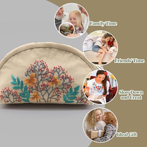 FONNUY Embroidery Kit Makeup Bag for Beginners, Flowers Pre-Stamped Pattern Handbag Coin Purses Making Kits for Adults with Hoop, Easy to Follow Color Thread Needlework (Beige) - Image 6