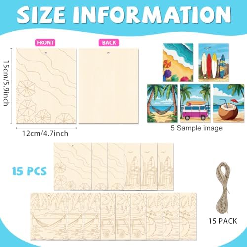 15 Pcs Unfinished Wood Crafts to Paint for Adults, 5.9x4.7 Inch Beach Paintable Wood Slices Craft Supplies with Ropes, Bulk Predrilled Wooden Ornaments for DIY Painting Craft Decor - Image 2