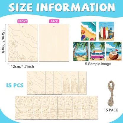 15 Pcs Unfinished Wood Crafts to Paint for Adults, 5.9x4.7 Inch Beach Paintable Wood Slices Craft Supplies with Ropes, Bulk Predrilled Wooden Ornaments for DIY Painting Craft Decor - Image 2