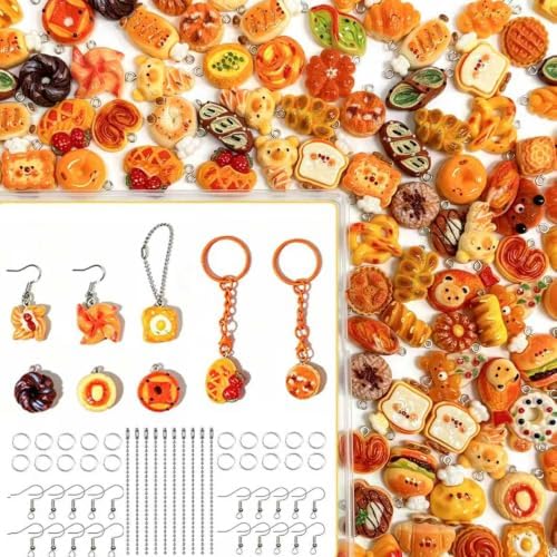 Food Charms Bulk, 152PCS Kawaii Pastel Resin Jewelry Making Kit with Lobster Clasps, Earring Hooks, Bead Necklaces & Jump Rings for Kandi Bracelets, Earrings, Necklaces, Keychains by Unknown