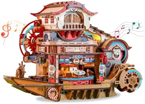 DIY Miniature House Kit, Japanese Dollhouse 3D Wooden Puzzles for Adults with Music & LED Lights, 425PCS Sushi Boat Mechanical Moving Model, Home Decor Building Craft Birthday by Hallisun