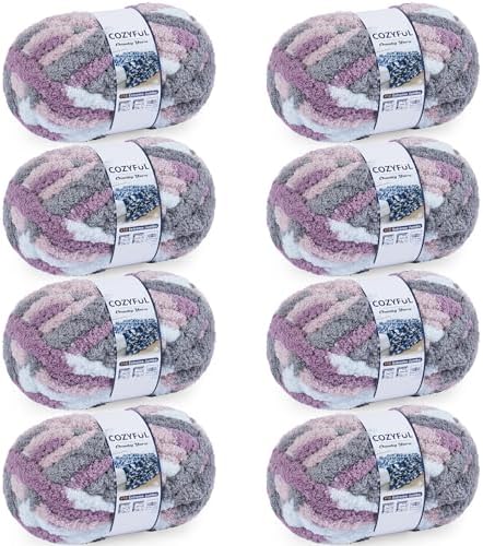 Cozyful Chunky Yarn for Hand Knitting - #10 Chunky Chenille Blanket Yarn, Jumbo Big Thick Chunky Yarns for Crocheting, Tie Dye Bulky Knit Yarns, 8 Skein (20 yds 8 oz Each Skein), Purple & Grey & Sky by Cozyful