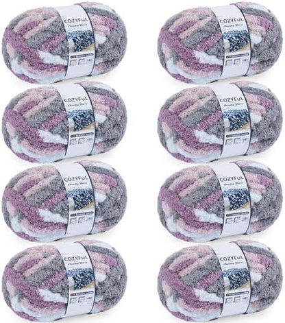 Cozyful Chunky Yarn for Hand Knitting - #10 Chunky Chenille Blanket Yarn, Jumbo Big Thick Chunky Yarns for Crocheting, Tie Dye Bulky Knit Yarns, 8 Skein (20 yds 8 oz Each Skein), Purple & Grey & Sky by Cozyful
