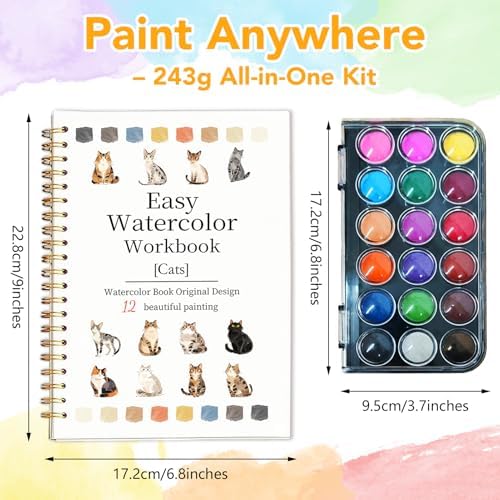 Easy Watercolor Workbook for Beginners - 12 Beautiful Step-by-Step Paintings Water Coloring Book, Includes 18 Colors Paints, Relaxing Art Projects and Creative Gift for Adults & Teen (Cats) - Image 4