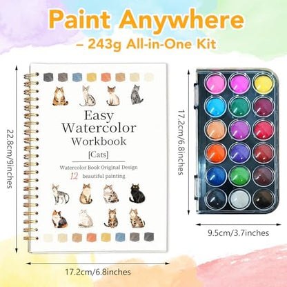 Easy Watercolor Workbook for Beginners - 12 Beautiful Step-by-Step Paintings Water Coloring Book, Includes 18 Colors Paints, Relaxing Art Projects and Creative Gift for Adults & Teen (Cats) - Image 4